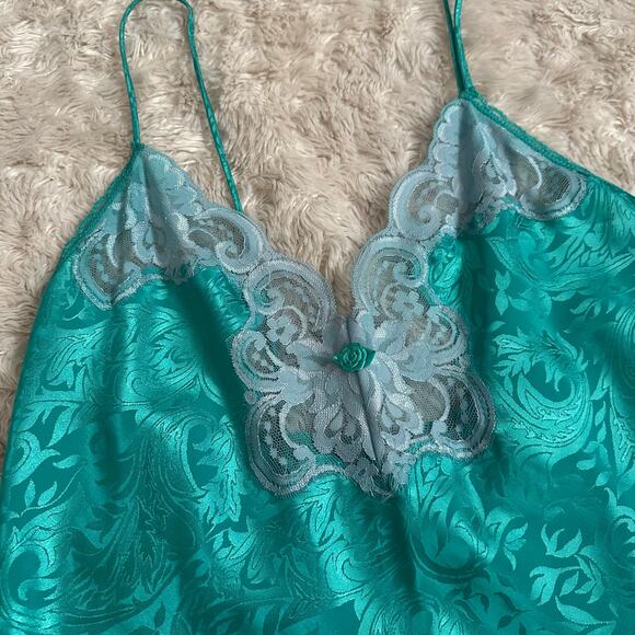 Vintage 90s Small Deena Blue Green Teal Satin Slip Dress floral lace trim - Picture 3 of 7